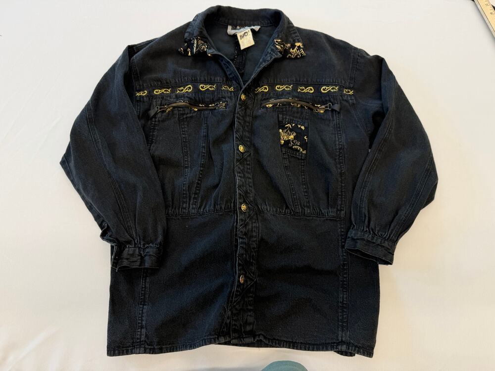 80s NO! Jeans Black Denim Gold Embroidered Tapestry Jacket western oversized